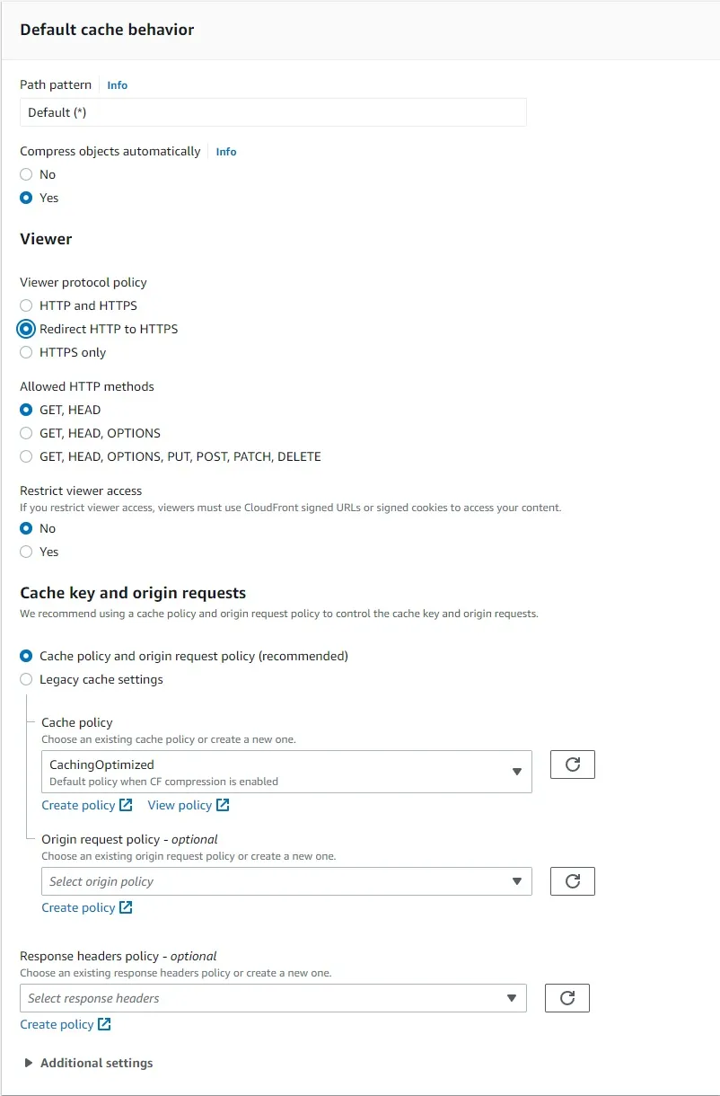 Cloudfront - Create Distribution Default cache behaviour