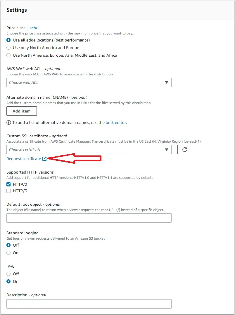 Cloudfront - Create Distibution Settings Request SSL Certificate