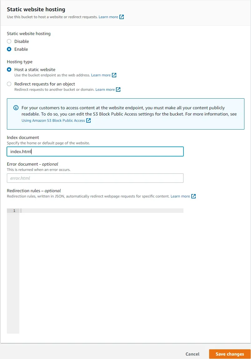 S3 Bucket Creation - Static Website Hosting Bucket Settings